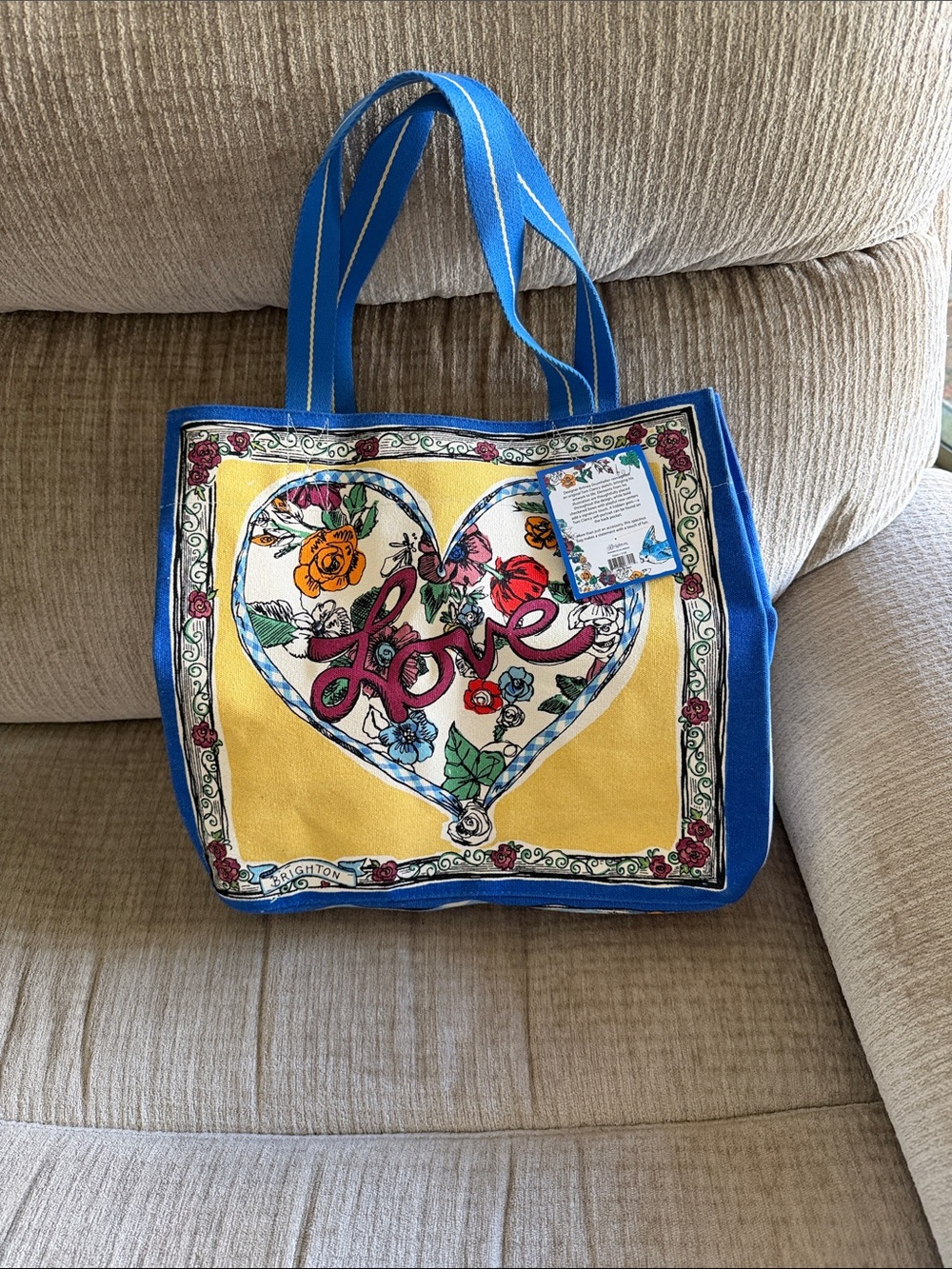 Brighton tied with love tote Bright Blue & Yellow 'Love' Heart 14 x 16 Apx